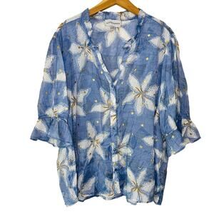 Alex & Parker Blue Gold Foiled Lily Sheer Ruffle Hem Short Sleeve Blouse Sz 3X